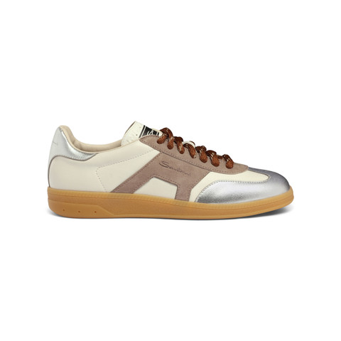 Women's white, beige and silver leather and suede DBS Oly sneaker - Santoni - 1