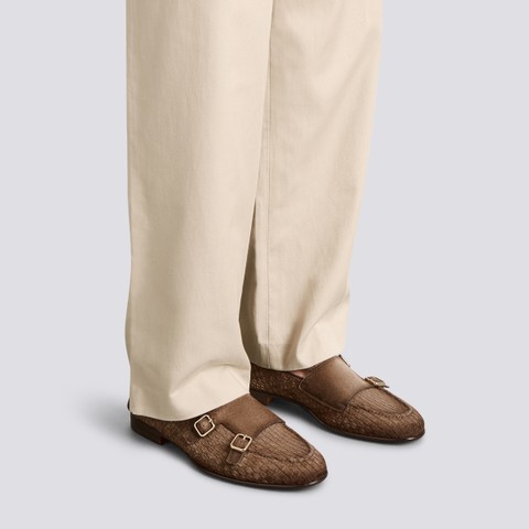 Men's blue woven suede double-monk loafer - Santoni - 2