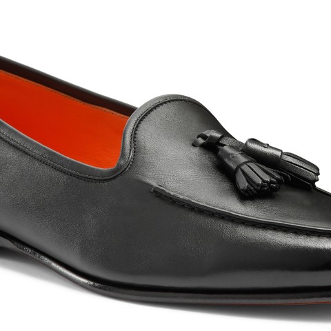 Men&rsquo;s black leather Andrea tassel loafer - Santoni - 6