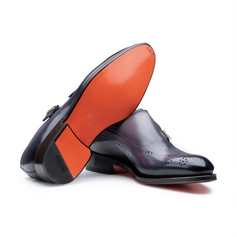 Men's blue leather double-buckle brogue shoe - Santoni - 4