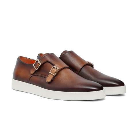 Men’s brown tumbled leather double-buckle shoe - Santoni - 3