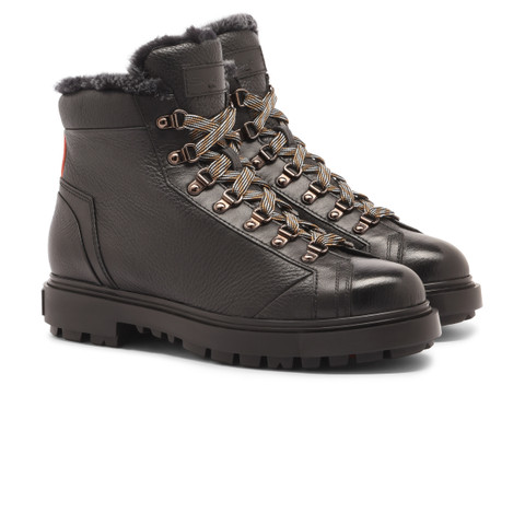 Men's black tumbled leather hiking boot with fur - Santoni - 3