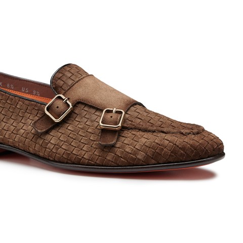 Men's blue woven suede double-monk loafer - Santoni - 6