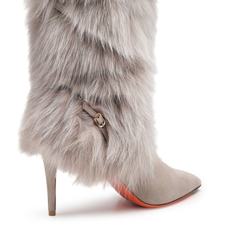 Women's natural leather and fox high-heel boot - Santoni - 5