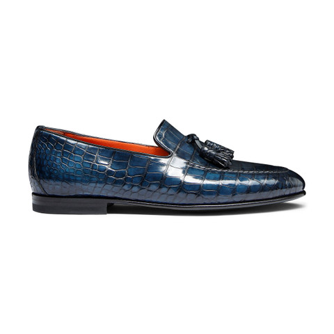 Mocassin avec glands en alligator bleu pour homme - Santoni - 1