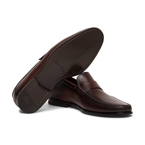 Men's polished brown leather penny loafer - Santoni - 3