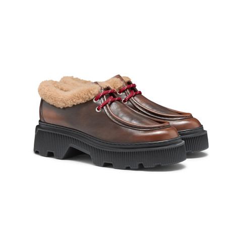 Women's brown leather lace-up with fur - Santoni - 3