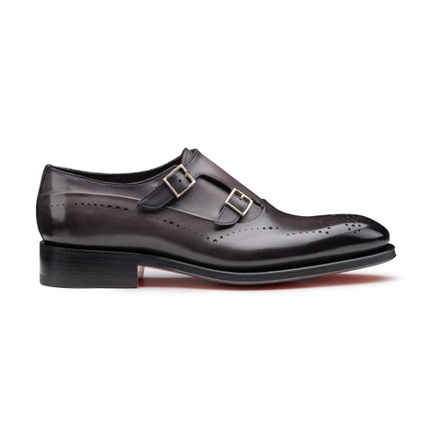 Men's grey leather double-monk brogue shoe - Santoni - 1