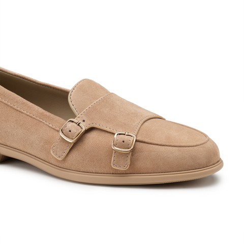 Women's beige suede double monk straps loafer - Santoni - 5