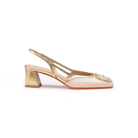 Women's pink and gold leather mid-heel slingback - Santoni - 1