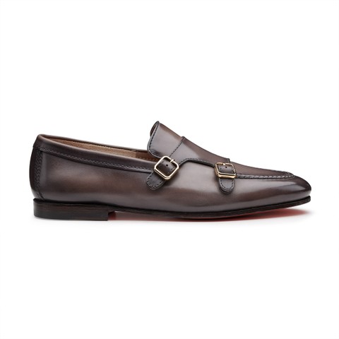 Men's brown leather double-monk loafer - Santoni - 1
