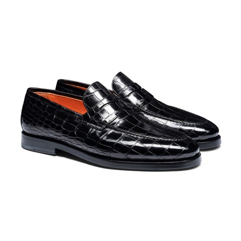 Mocasín penny de hombre en piel de aligátor negro - Santoni - 2