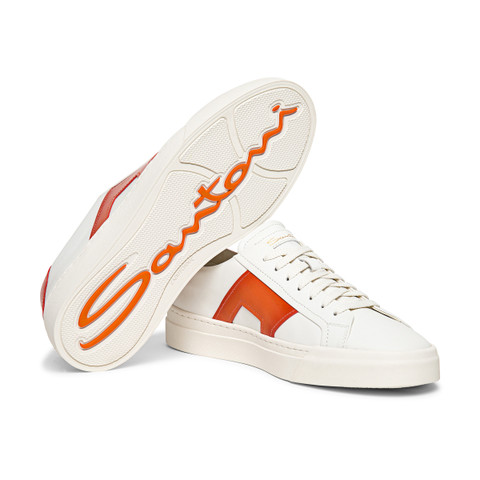 Men’s white and orange leather double buckle sneaker - Santoni - 4