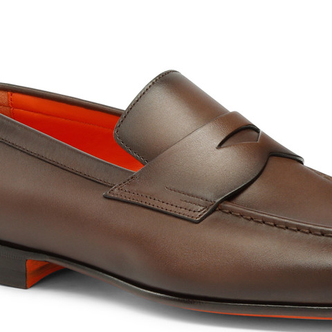Men&rsquo;s polished brown leather penny loafer - Santoni - 6