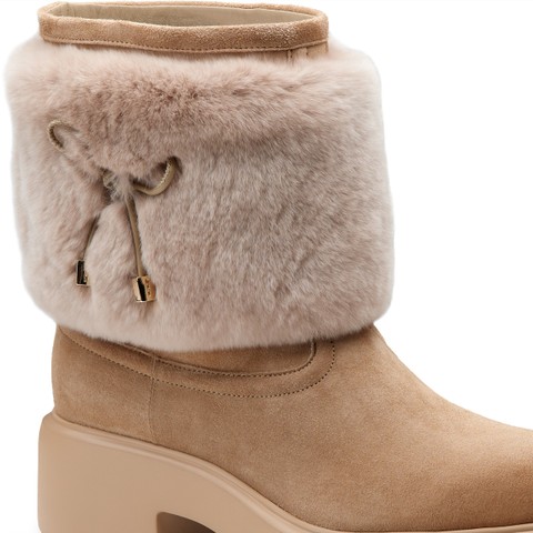 Women's beige suede Easy Bubble ankle boot with fur - Santoni - 5