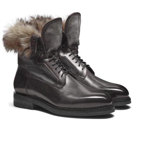 Men’s grey leather lace-up boot with fur - Santoni - 2