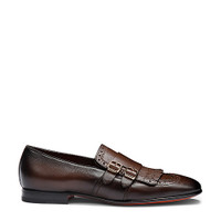 Men’s brown leather double-buckle loafer with fringe - Santoni - 1