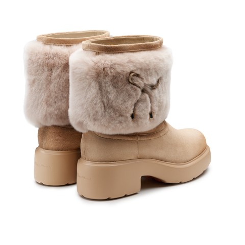 Women's beige suede Easy Bubble ankle boot with fur - Santoni - 3