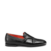 Men's polished black leather double-buckle loafer - Santoni - 1