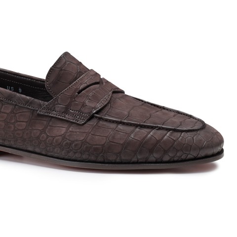 حذاء لوفر بيني رجالي من جلد نوبوك بنقشة جلد التمساح باللون البني الداكن - Santoni - 5