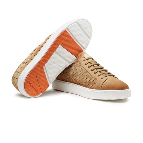Men's beige woven suede sneaker - Santoni - 4