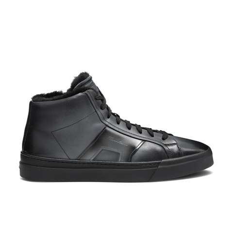 Men&rsquo;s grey leather Double Buckle Sneaker with fur - Santoni - 1