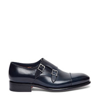 Men&rsquo;s polished blue leather double monk straps shoe - Santoni - 1