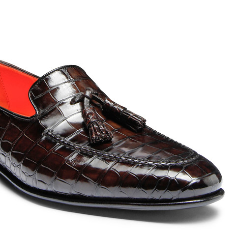 Mocassin avec glands en alligator brun foncé pour homme - Santoni - 5