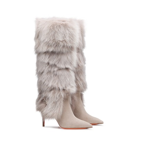 Women's natural leather and fox high-heel boot - Santoni - 4