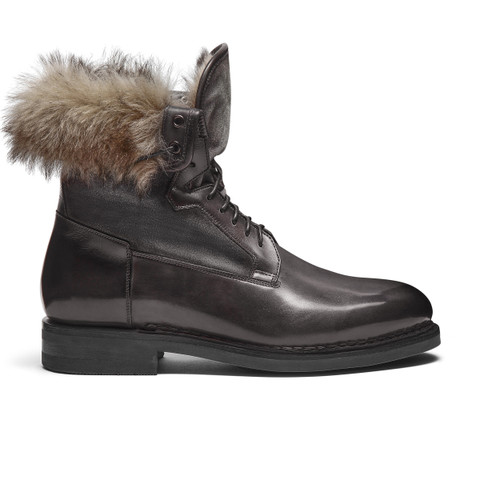 Men’s grey leather lace-up boot with fur - Santoni - 1