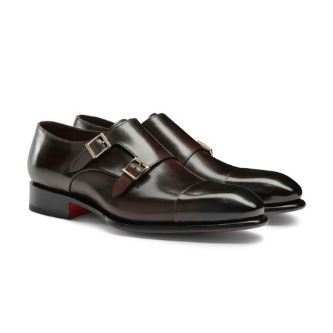 Men's polished brown leather double monk straps shoe - Santoni - 3
