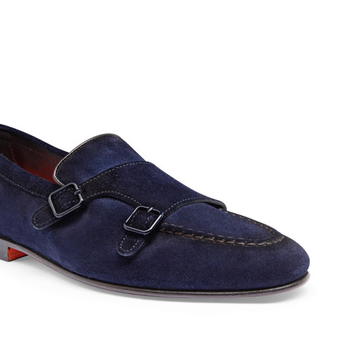 Men's blue suede double-buckle loafer - Santoni - 6
