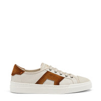 Men's beige and brown canvas and suede Double Buckle Sneaker - Santoni - 1