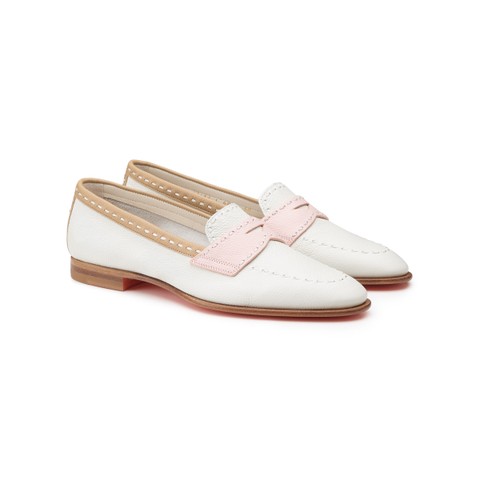 Mocassin Penny en cuir blanc, rose et beige pour femme - Santoni - 2