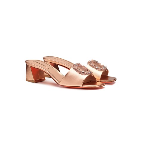 Women's pink laminated leather mid-heel sandal - Santoni - 3