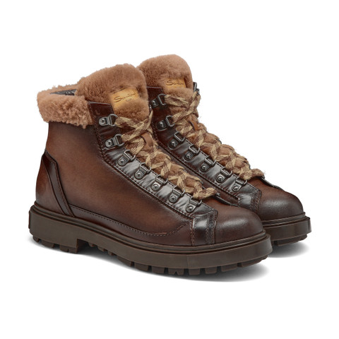 Men's dark brown leather hiking boot with fur - Santoni - 3