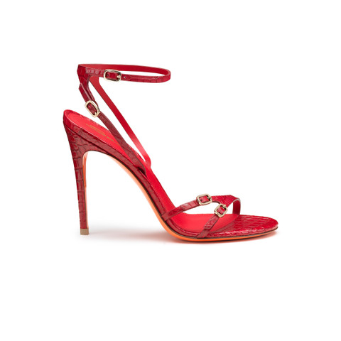 Rote Sandalen für Damen aus Krokodilleder mit hohem Absatz - Santoni - 1
