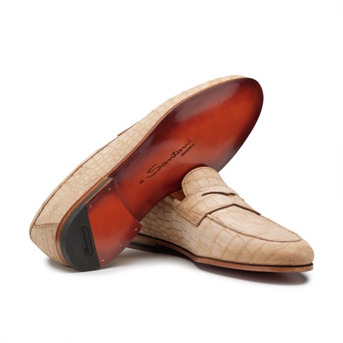Men's beige alligator nubuck penny loafer - Santoni - 3