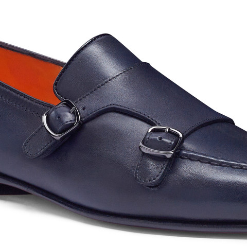 Men's polished blue leather double-buckle loafer - Santoni - 6