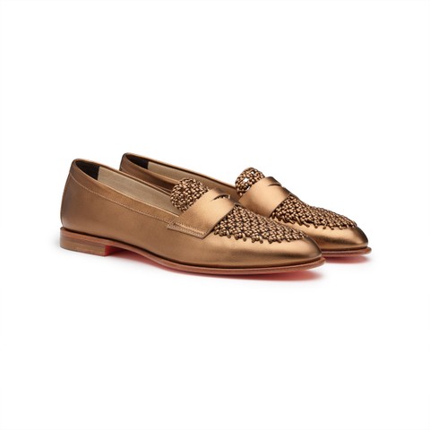 Women's gold laminated leather penny loafer - Santoni - 3