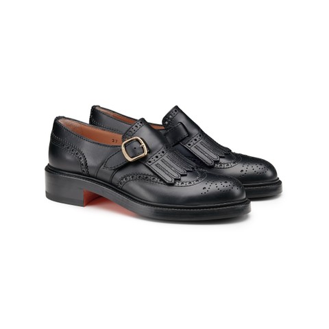 Women's black leather single monk strap shoe with frange - Santoni - 3