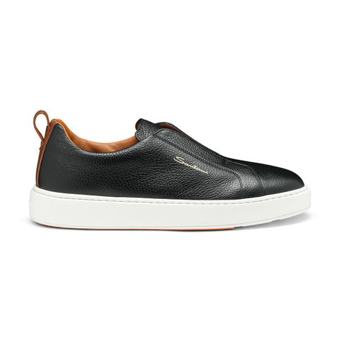 Men's black tumbled leather slip-on sneaker - Santoni - 1