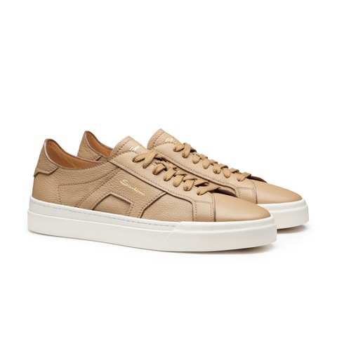Men's beige tumbled leather Double Buckle Sneaker - Santoni - 2