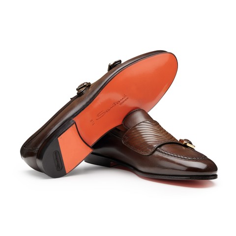 Men's dark brown leather double-monk loafer - Santoni - 3