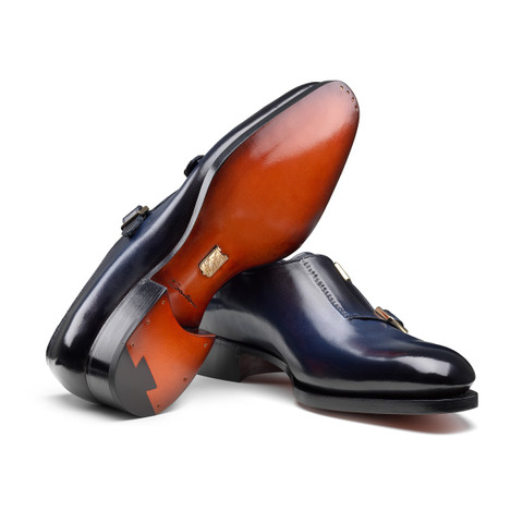 Chaussure à double boucle Uniqua Collection Meraviglia en cuir bleu pour homme - Santoni - 3