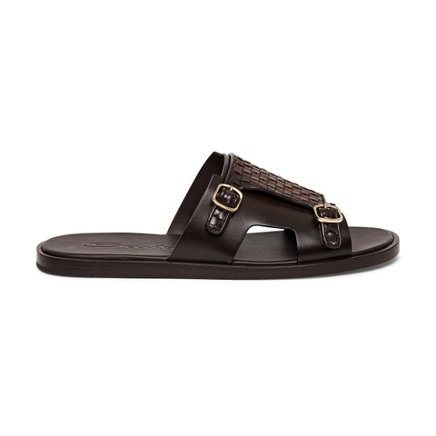 Sandale à double boucle en cuir marron avec tige tressée pour homme - Santoni - 1