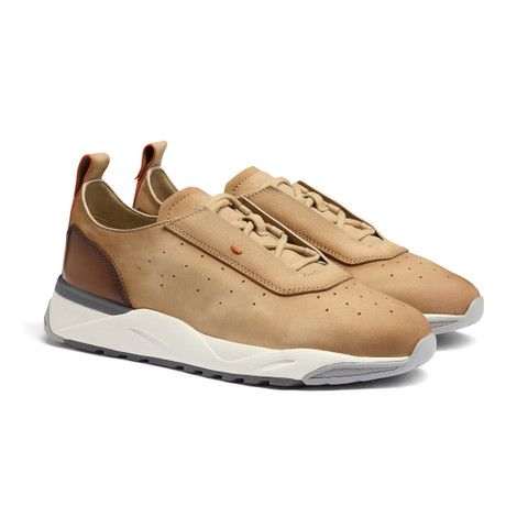 Men's light brown nubuck and leather sneaker - Santoni - 3