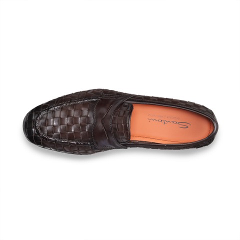 Men's dark brown woven leather Carlo penny loafer - Santoni - 5