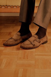 Men's blue woven suede double-buckle loafer - Santoni - editorial