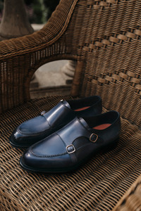 Men's blue leather double-buckle shoe - Santoni - editorial